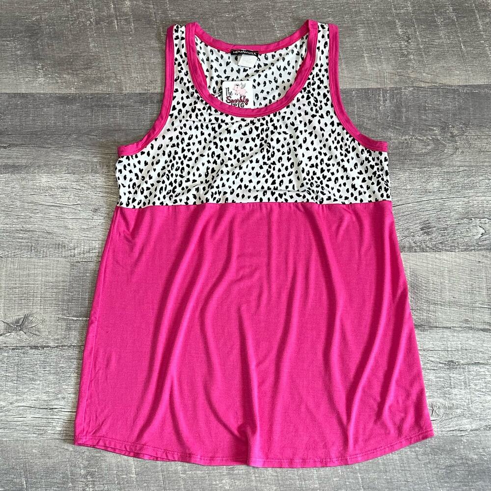 Hemish USA NEW Pink Racerback Tank Women Med M Relaxed Black White Leopard Yoke